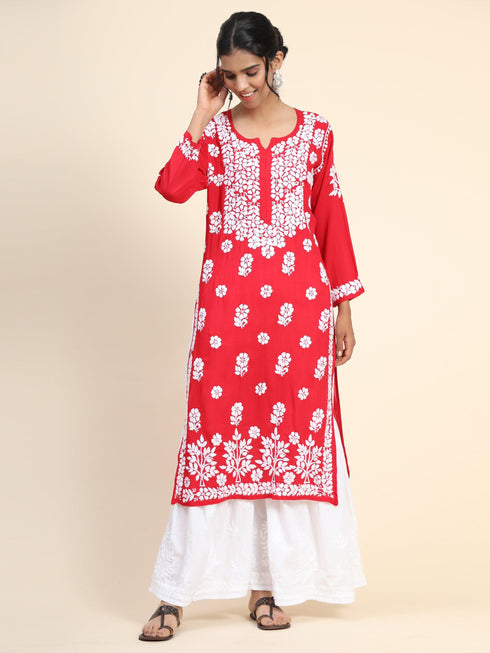 Samma Premium Hand Embroidery Chikankari Kurta in Modal Cotton- Red